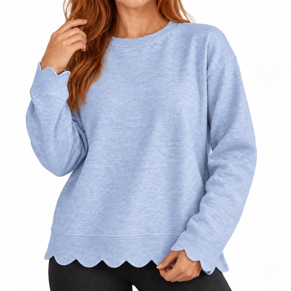 otnbgsr Women's Lightweight Scalloped Sweatshirt Crew Neck Long Sleeve Casual Pullover Soft Relaxed Top for Fall Spring Everyday Outfits