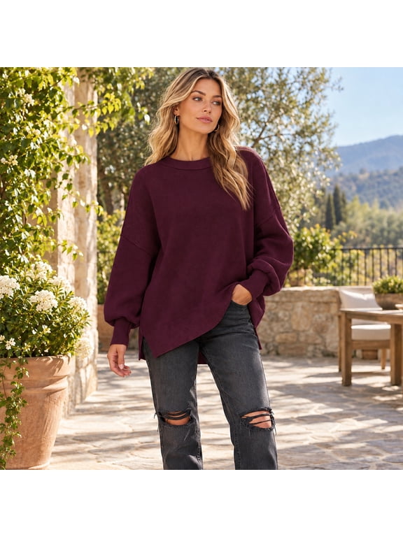Women's Outside Seam Knit Sweater, 50% Viscose 30% Polyamide 20% Polyester Oversized Crew Neck Tunic with Side Splits and Long Sleeves