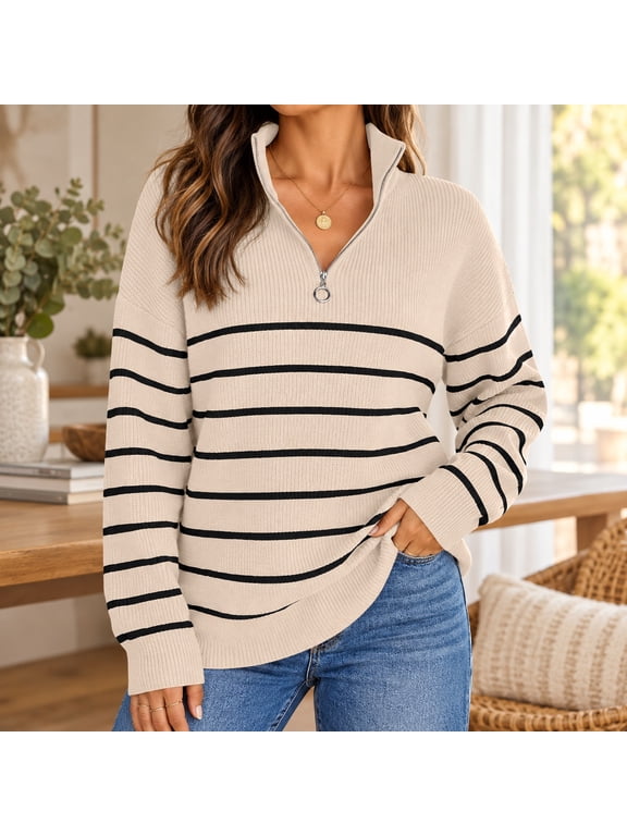 Women's Quarter Zip Striped Pullover, 47% Viscose 32% Polyester 21% Nylon Ribbed Knit Sweater, Oversized Long Sleeve Draped Shoulder Fit