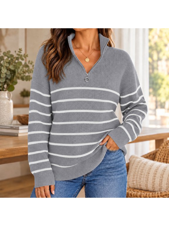 Women's Quarter Zip Striped Pullover, 47% Viscose 32% Polyester 21% Nylon Ribbed Knit Sweater, Oversized Long Sleeve Draped Shoulder Fit