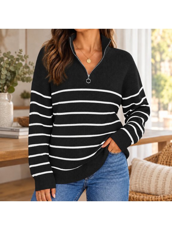 Women's Quarter Zip Striped Pullover, 47% Viscose 32% Polyester 21% Nylon Ribbed Knit Sweater, Oversized Long Sleeve Draped Shoulder Fit