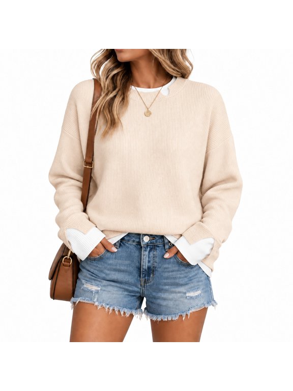Women's Ribbed Cutout Patchwork Pullover, 50% Viscose 28% Polyester 22% Polyamide Oversized Crew Neck Sweater with Layered Long Sleeves