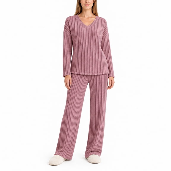otnbgsr Women's Ribbed Knit Lounge Set 2 Piece V Neck Matching Pajama Outfit High Waisted Sleepwear with Pockets Soft Stretch Casual Set