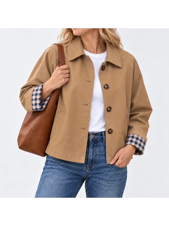 Women's Short Trench Jacket 2026 Cropped Single Breasted Coat with Classic Collar Pockets Long Sleeves Lightweight Casual Outerwear
