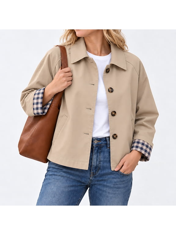 Women's Short Trench Jacket 2026 Cropped Single Breasted Coat with Classic Collar Pockets Long Sleeves Lightweight Casual Outerwear