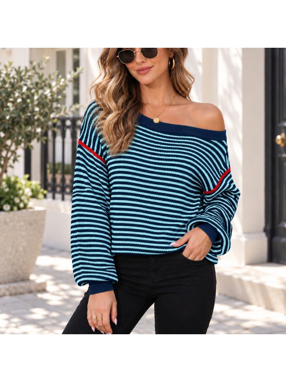 Women's Striped Knit Tunic Pullover, 50% Viscose 28% Polyester 22% Polyamide Oversized Long Sleeve Sweater with Off Shoulder Styling
