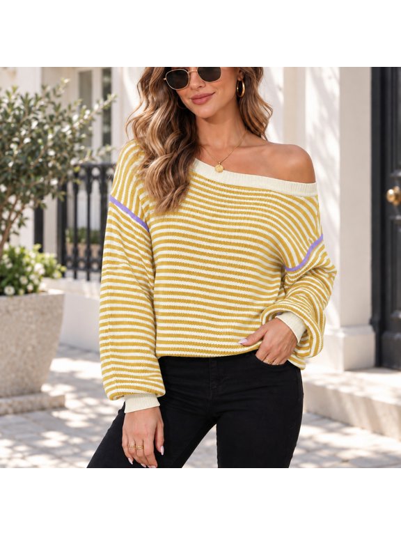 Women's Striped Knit Tunic Pullover, 50% Viscose 28% Polyester 22% Polyamide Oversized Long Sleeve Sweater with Off Shoulder Styling