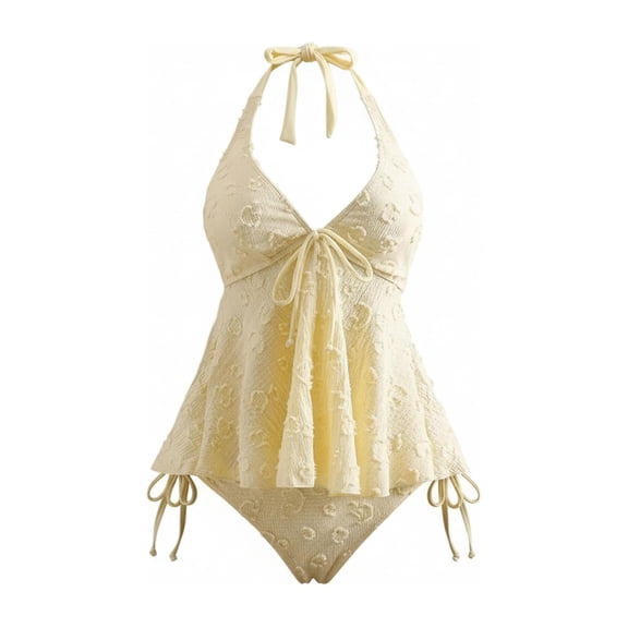 otnbgsr Women's Textured 2 Piece Halter Tankini Bathing Suit with Flowy Tie Back Top and Panty Swimwear for Beach Vacation
