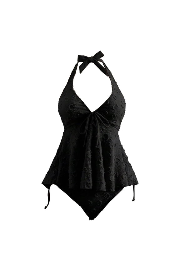 Women's Textured 2 Piece Halter Tankini Bathing Suit with Flowy Tie Back Top and Panty Swimwear for Beach Vacation
