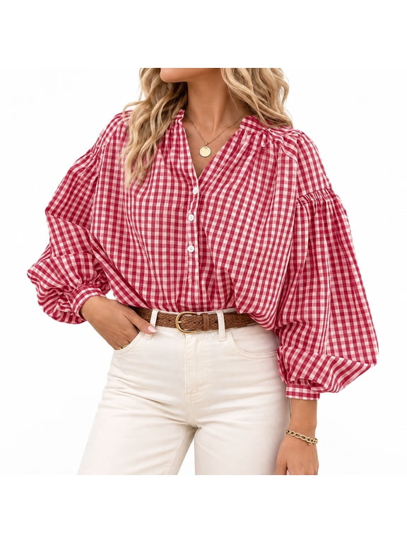 Women's Yarn-Dyed Cotton Gingham Blouse, Button Split V Neck Plaid Shirt with Drop Shoulders, Smocked Puff Sleeves, Sizes S-XL