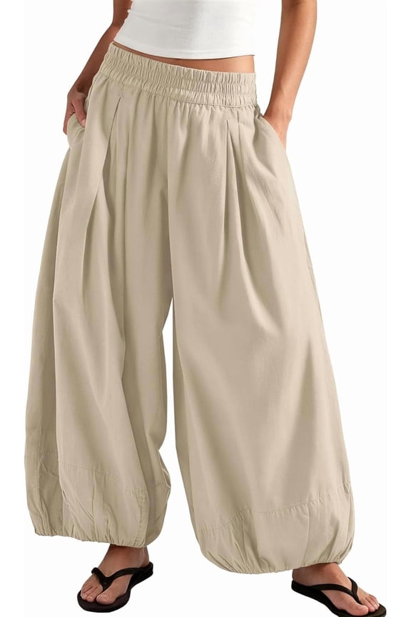 Women's elastic high waist wide leg round bucket pants, flowing loose balloon pants, summer beach pants vacation set