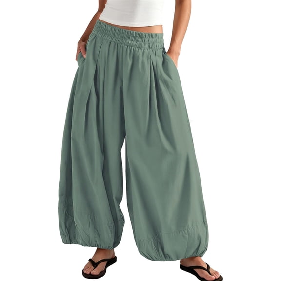 otnbgsr Women's elastic high waist wide leg round bucket pants, flowing loose balloon pants, summer beach pants vacation set
