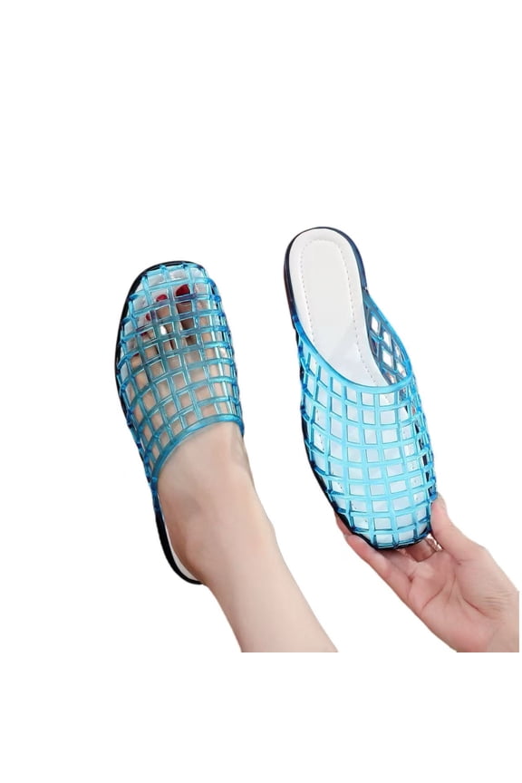 Women's jelly flat shoes, lightweight women's mules with closed toes, woven design, comfortable cushioning