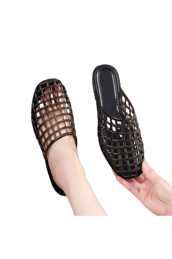 Women's jelly flat shoes, lightweight women's mules with closed toes, woven design, comfortable cushioning