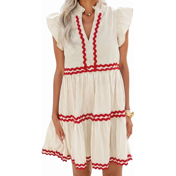 otnbgsr Women's summer casual mini dress 2026 V-neck flowing short sleeved striped ruffle A-line beach vacation dress