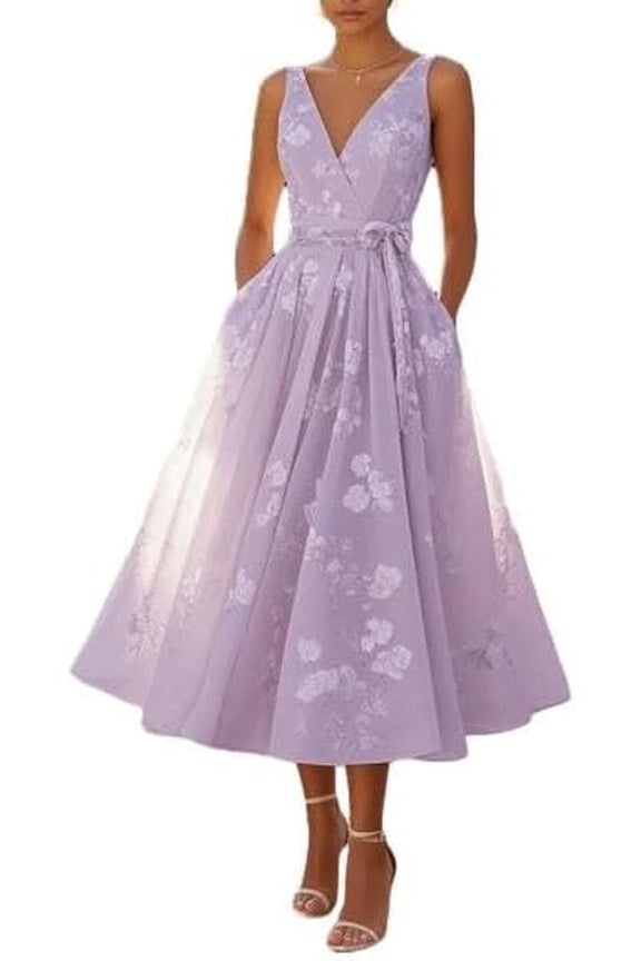 Womens Floral Midi Dress V Neck Sleeveless A Line Wedding Guest Dress Elegant Fit and Flare Cocktail Party Dress