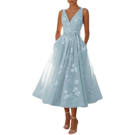 otnbgsr Womens Floral Midi Dress V Neck Sleeveless A Line Wedding Guest Dress Elegant Fit and Flare Cocktail Party Dress
