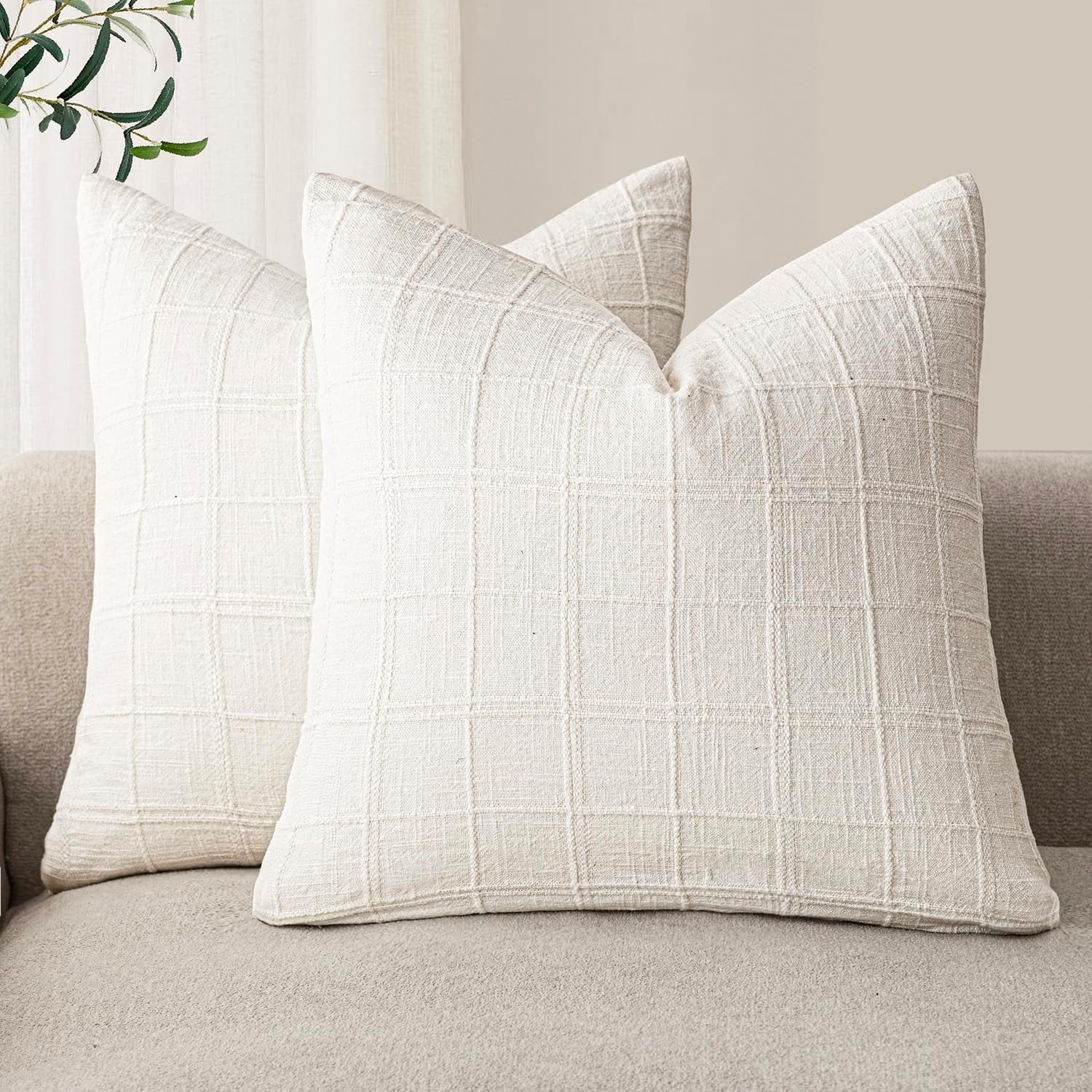 otnbgsr A set of 2-piece decorative linen grid pillow set, neutral farmhouse retro cushion set, modern bohemian style home decoration sofa chair sofa bedroom living room, 18 x 18 inches