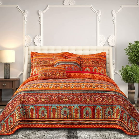 otton Twin Size Bedspreads Set - Lightweight Quilts Twin Size (68 * 86 Inch) - Colorful Orange Quilted Stripe Quilt Bedding Sets with Pillow Sham for Decorations Coverlet, 2 Pieces