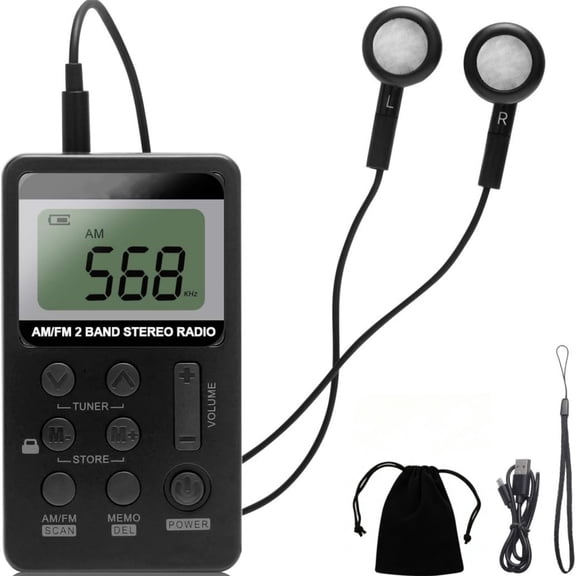 ouhos Portable AM/FM Pocket Radio, Mini Digital Tuning Stereo Radio with Strong Reception, Rechargeable Battery, Earphone & Lock Screen, for Walking, Jogging, Gym and Camping, Black