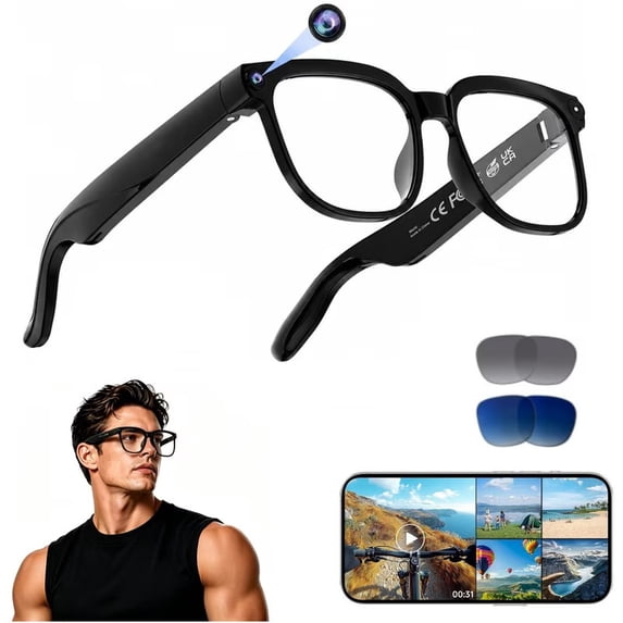 ouhos AI Smart Glasses with Camera, 4K HD Video & Photo Capture, Real-Time Translation, Recording Glasses with AI Assistant, Open-Ear Audio, Bluetooth, for Travel, Sport(3 Lenses)