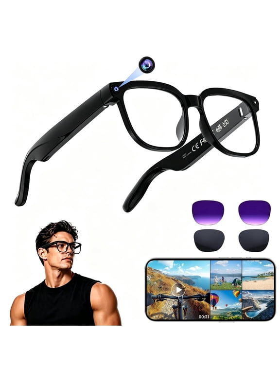 AI Smart Glasses with Camera, 4K HD Video & Photo Capture, Real-Time Translation, Recording Glasses with AI Assistant, Open-Ear Audio, Object Recognition, Bluetooth, for Travel, Sport(3 Lenses)