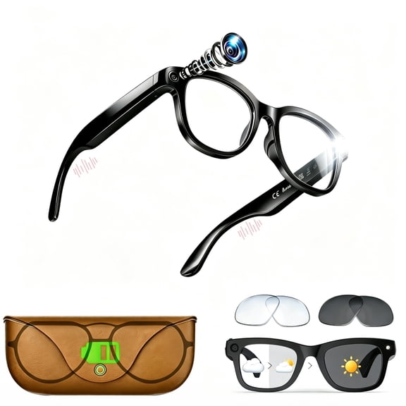 ouhos AI Smart Glasses with 2000mAh Charging Case, 2 Lenses, 1200P EIS + OIS Video Recording Glasses for Men and Women, 8MP Camera, Object Recognition, Voice Help, Open‑Ear Audio