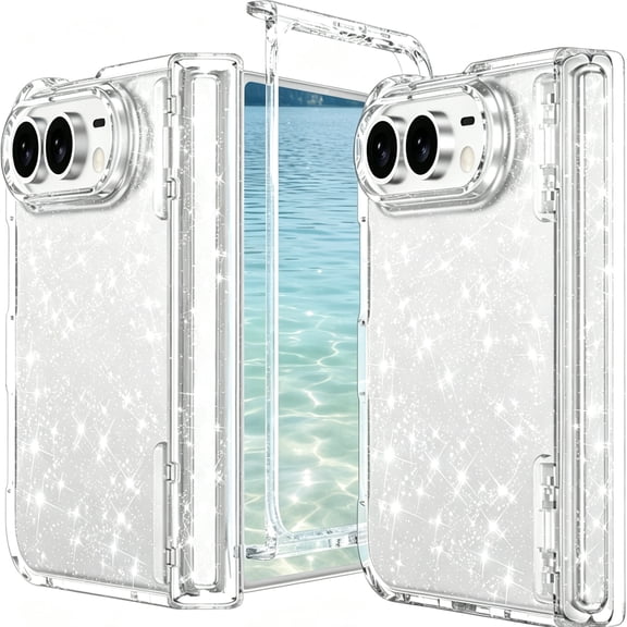 ouhos Compatible with iPhone Duo Case, Clear Glitter Phone Cover with Hinge Protection, Shockproof Anti‑Yellow Protective Case for Women Girls