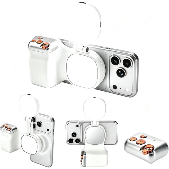 ouhos Fun Shot Magnetic Phone Camera Grip + Magnetic Selfie Light for iPhone & Android with Detachable Wireless Shutter Button, Creator Kit for Selfies/Photography/Video(White)
