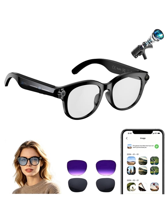 AI Smart Glasses with 8MP Camera, 4K Video Photo Capture, Real-Time Translation, Recording, AI Assistant, Open-Ear Audio, Bluetooth, Object Recognition, Replaceable Sunglasses Lenses for Travel