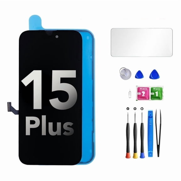 ouhos For iPhone 15 Plus Screen Replacement Kit 6.7" LCD Display 3D Touch Digitizer Assembly with Frame Adhesive and Repair Tools, Black(Model A2847, A3093, A3096, A3094)