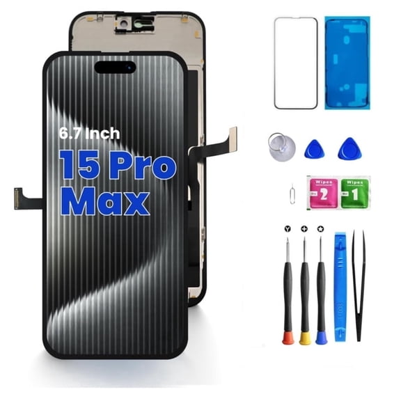ouhos For iPhone 15 Pro Max Screen Replacement, 6.7 Inch 3D Touch LCD Display Full HD Repair Kit, Digitizer Assembly with Tools Set, Tempered Glass, Waterproof Frame Adhesive(Black)