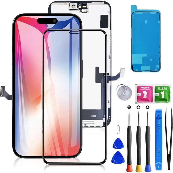 ouhos For iPhone 15 Screen Replacement 6.1 Inch, LCD Touch Digitizer Complete Display for A2846, A3089, A3090, A3092 with Waterproof Seal+Tempered Glass+Repair Tools(Black)