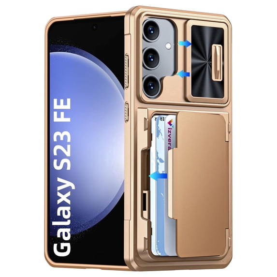 Oupeigar for Samsung Galaxy S23 FE Phone Case,with RFID Cards Holder (Store 4 Cards) Camera Cover & Kickstand,Shockproof Wallet Case-Gold