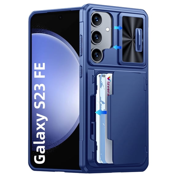 Oupeigar for Samsung Galaxy S23 FE Phone Case,with RFID Cards Holder (Store 4 Cards) Camera Cover & Kickstand,Shockproof Wallet Case-Blue
