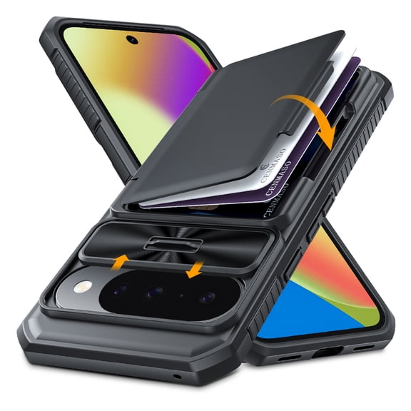 Oupeigar for Google Pixel 10/10 Pro Case with Card Holder(4 Cards)&Sliding Camera Cover&Kickstand[RFID Blocking]Shockproof Wallet Phone Case-Black