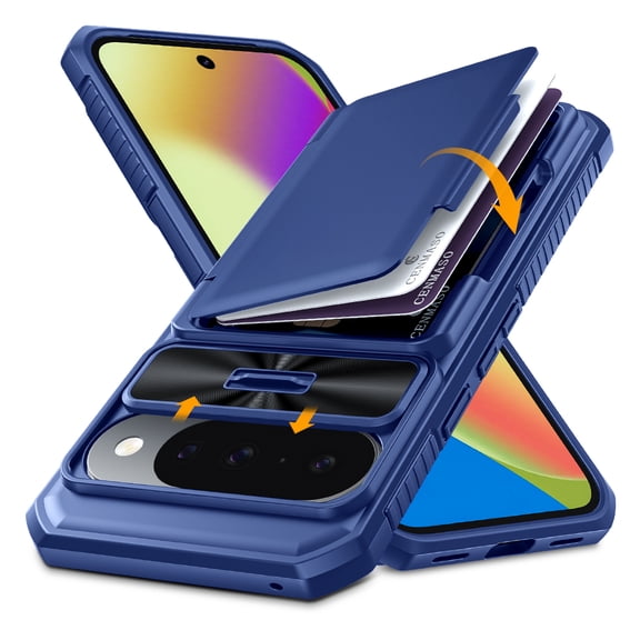 Oupeigar for Google Pixel 10/10 Pro Case with Card Holder(4 Cards)&Sliding Camera Cover&Kickstand[RFID Blocking]Shockproof Wallet Phone Case-Blue