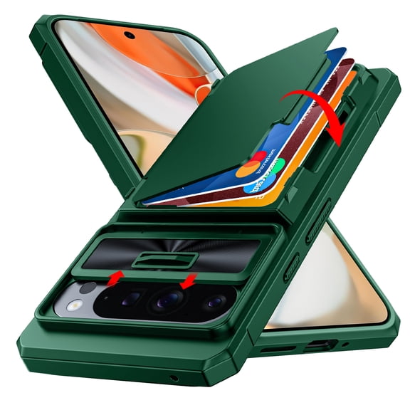 Oupeigar for Google Pixel 9/9 Pro Case With Card Holder&Camera Cover&Kickstand【RFID Blocking】Full-Body Shockproof Wallet Phone Case-Green