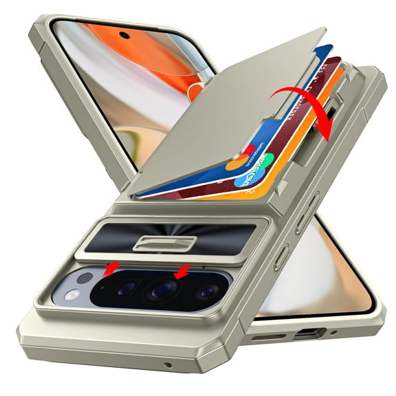 Oupeigar for Google Pixel 9/9 Pro Case With Card Holder&Camera Cover&Kickstand【RFID Blocking】Full-Body Shockproof Wallet Phone Case-Titanium