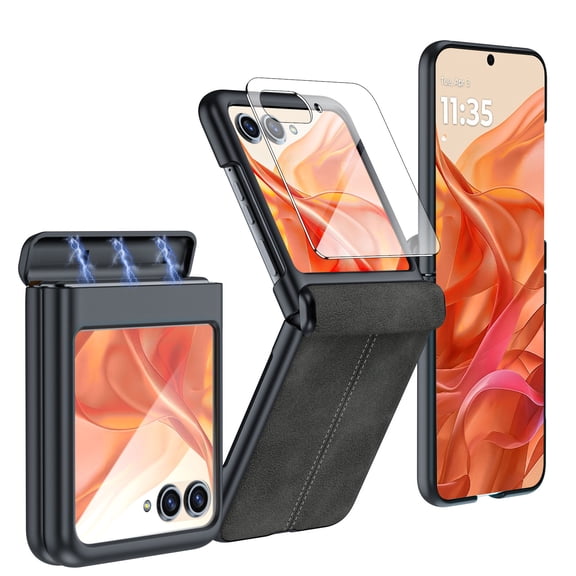 Oupeigar for Motorola Razr 50/Razr 60 Phone Case,Built-in Screen Protector,Hinge Protection,Ultra Thin PU Leather Matte PC Shockproof Case-Black
