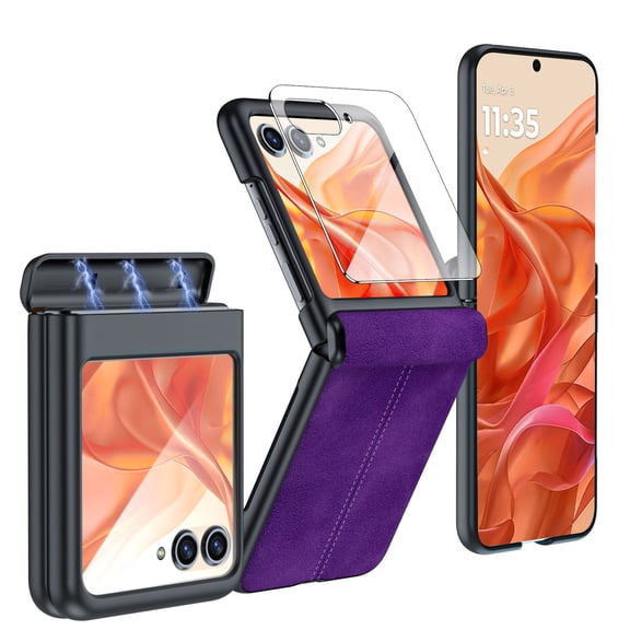 Oupeigar for Motorola Razr 50/Razr 60 Phone Case,Built-in Screen Protector,Hinge Protection,Ultra Thin PU Leather Matte PC Shockproof Case-Purple