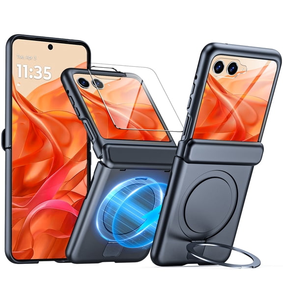 Oupeigar For Motorola Razr 2024 Phone Case With Hinge Protection,Screen Protector,Magnetic Ring Stand,Full-Body Shockproof Rugged Case-Black