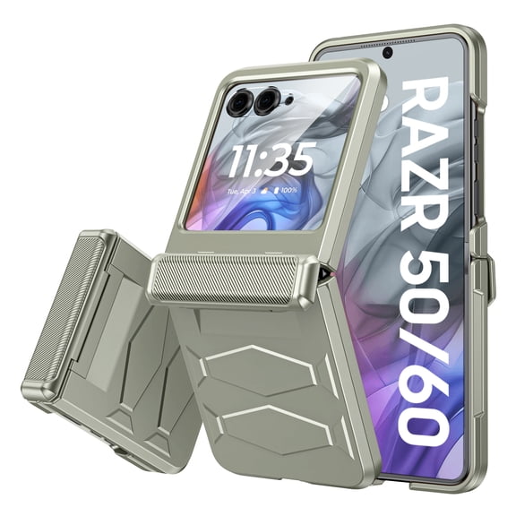 Oupeigar for Motorola Razr 2024/Razr 2025 Armor Phone Case,with Hinge Cover,Screen Protector,Anti Scrach,Shockproof All-Inclusive Phone Case-Titanium