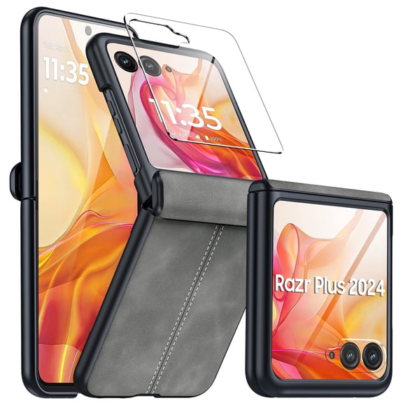 Oupeigar for Motorola Razr 50 Ultra 2024/Razr 60 Pro 2025,Built-in Screen Protector&Hinge Protection&Ultra Thin PU Leather Matte PC Shockproof Phone Case-Gray