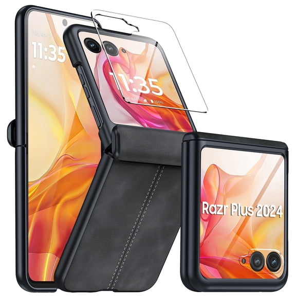 Oupeigar for Motorola Razr 50 Ultra 2024/Razr 60 Pro 2025,Built-in Screen Protector&Hinge Protection&Ultra Thin PU Leather Matte PC Shockproof Phone Case-Black