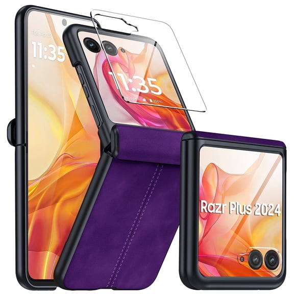 Oupeigar for Motorola Razr 50 Ultra 2024/Razr 60 Pro 2025,Built-in Screen Protector&Hinge Protection&Ultra Thin PU Leather Matte PC Shockproof Phone Case-Purple