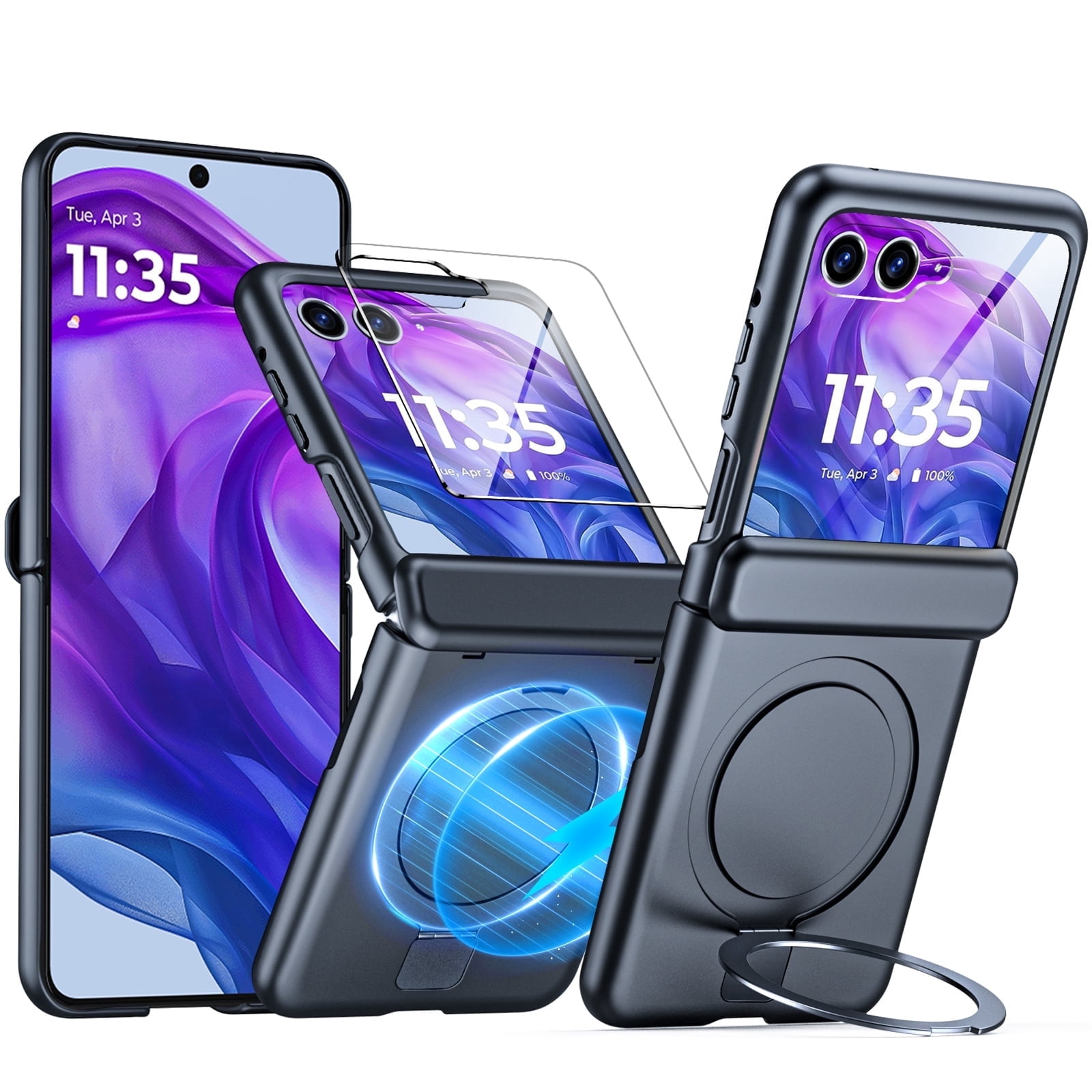 Oupeigar For Motorola Razr 2024 Ultra Phone Case With Hinge Protection,Screen Protector,Magnetic Ring Stand,Full-Body Shockproof Rugged Case-Black