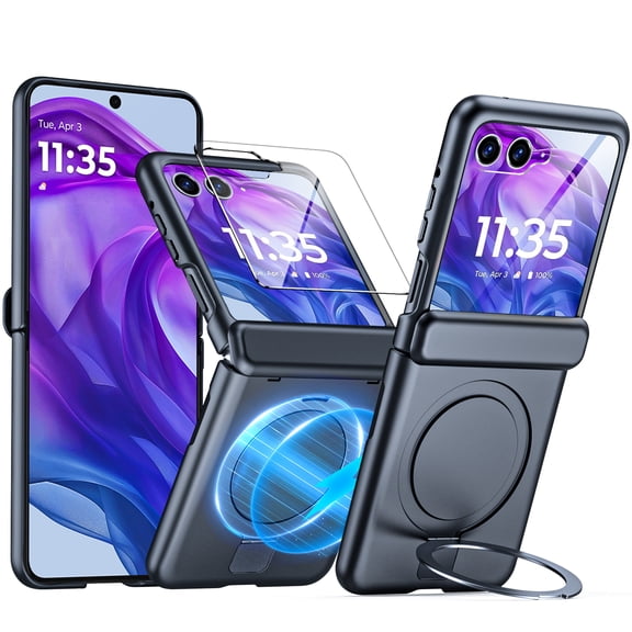 Oupeigar For Motorola Razr 2024 Ultra Phone Case With Hinge Protection,Screen Protector,Magnetic Ring Stand,Full-Body Shockproof Rugged Case-Black