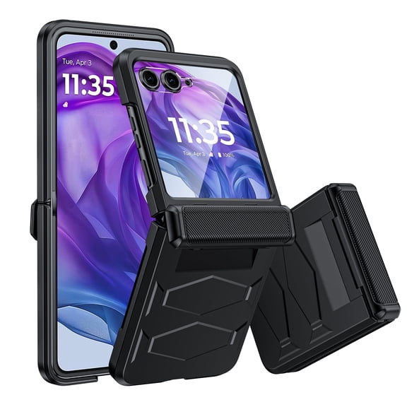 Oupeigar for Motorola Razr 50 Ultra/Razr 60 Pro Armor Phone Case,with Hinge Cover,Built-in Screen Protector,Wireless Charging Shockproof Case-Black