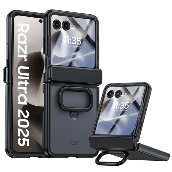 Oupeigar for Motorola Razr Ultra 2025 Case with Ring Holder,Built-in Screen Protector All-Inclusive Shockproof Wireless Charging Phone Case-Black